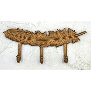 Cast Iron Gold Painted Large 14" Feather Coat Hat Hanger Wall Hanging 3 Hooks
